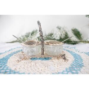 Vintage Hugo Silver Plated Shell Condiment Dish 6" Tall with spoons